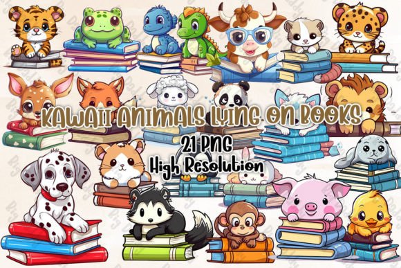 Download Kawaii Animals Lying on Books Clipart - Kawaii animals Collection